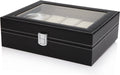 Black PU Leather Watch Organizer Display Storage Box for Men & Women, 10 Slots, Glass Lid, Velvet Lining, 25.2x20.2x8 cm - SuperSaverAU - view 3