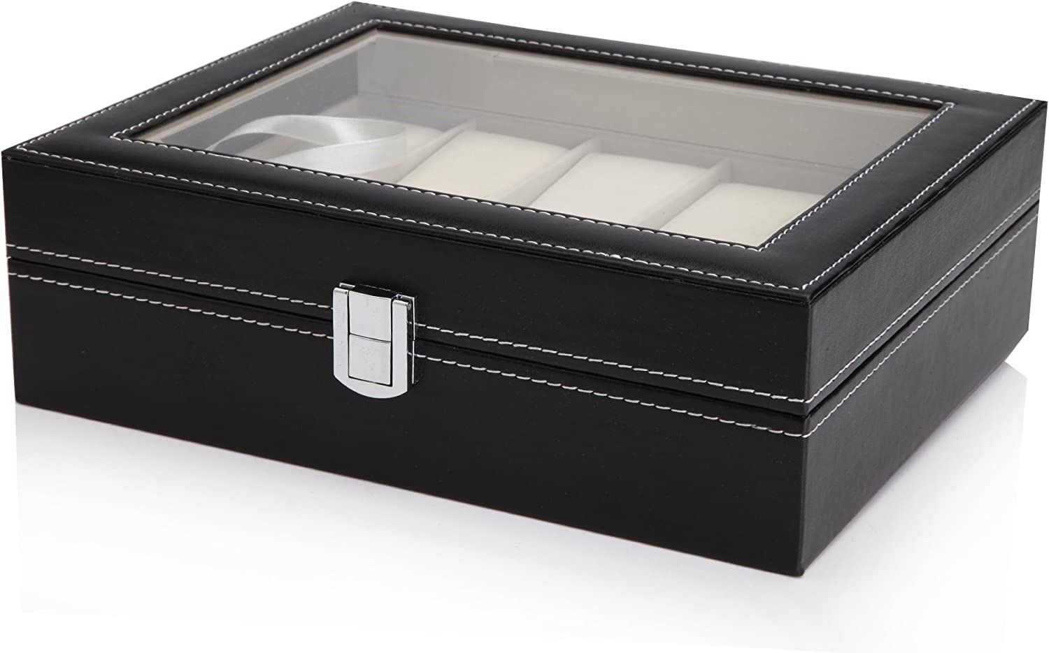 Black PU Leather Watch Organizer Display Storage Box for Men & Women, 10 Slots, Glass Lid, Velvet Lining, 25.2x20.2x8 cm - SuperSaverAU - view 3