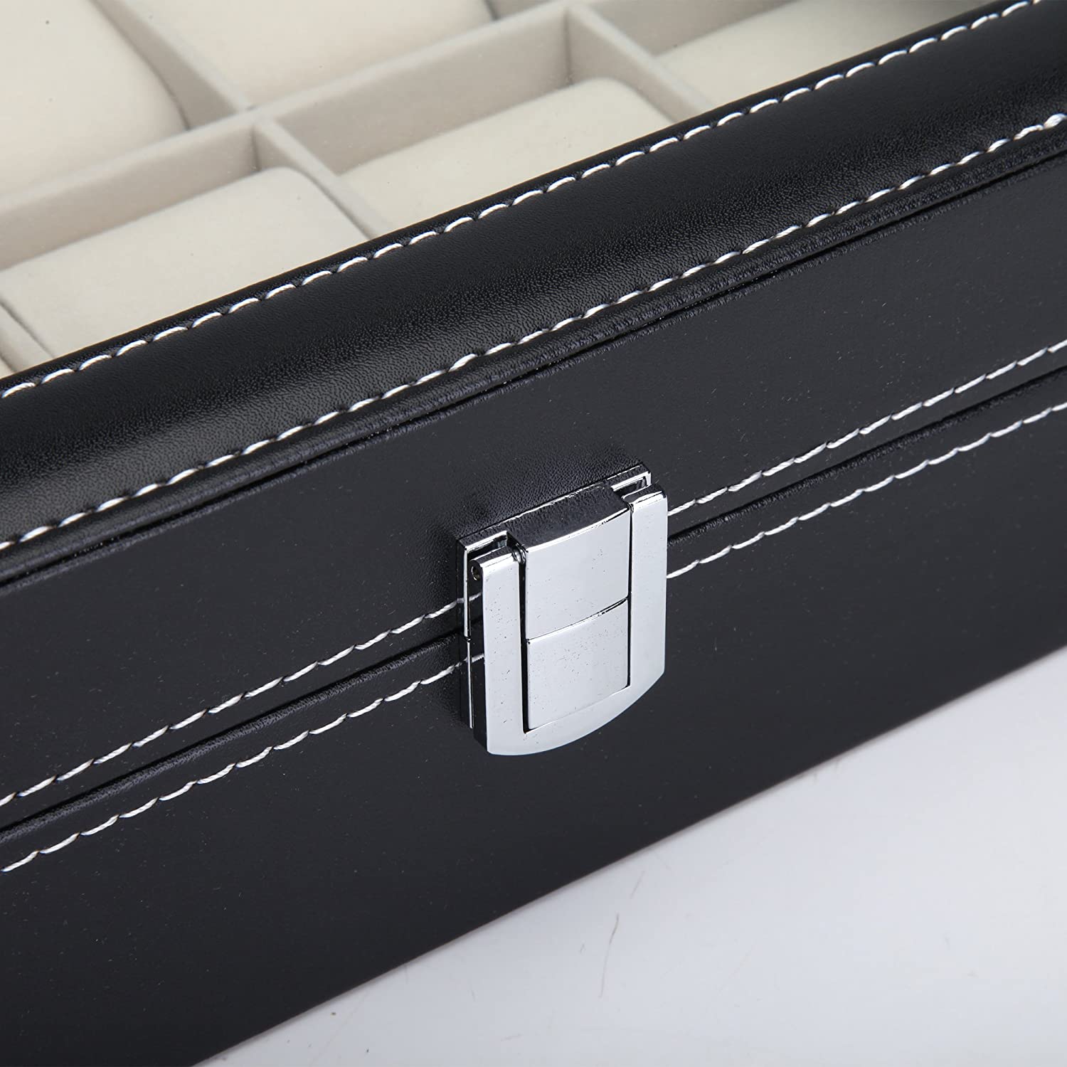 Black PU Leather Watch Organizer Display Storage Box for Men & Women, 10 Slots, Glass Lid, Velvet Lining, 25.2x20.2x8 cm - SuperSaverAU - view 4