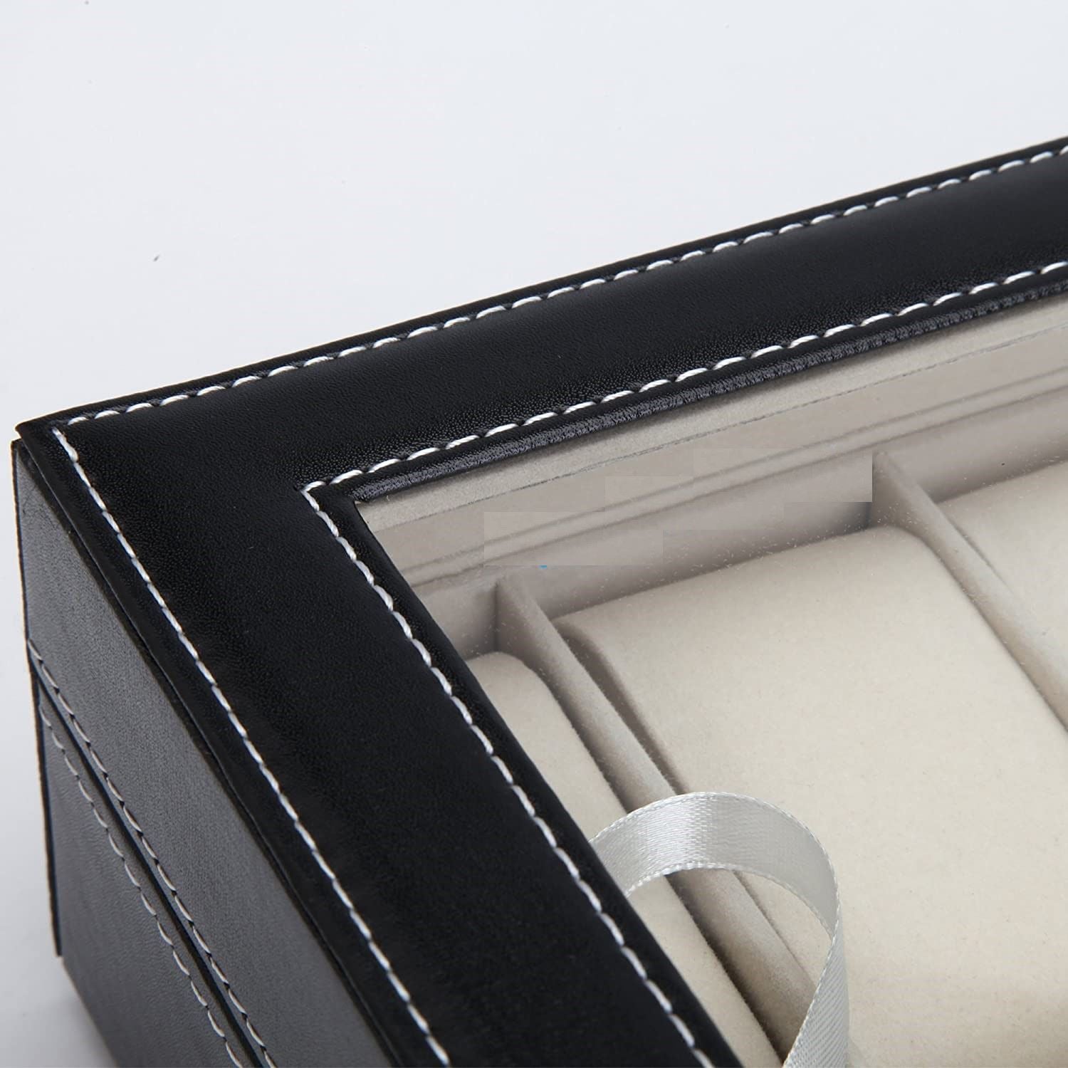 Black PU Leather Watch Organizer Display Storage Box for Men & Women, 10 Slots, Glass Lid, Velvet Lining, 25.2x20.2x8 cm - SuperSaverAU - view 5