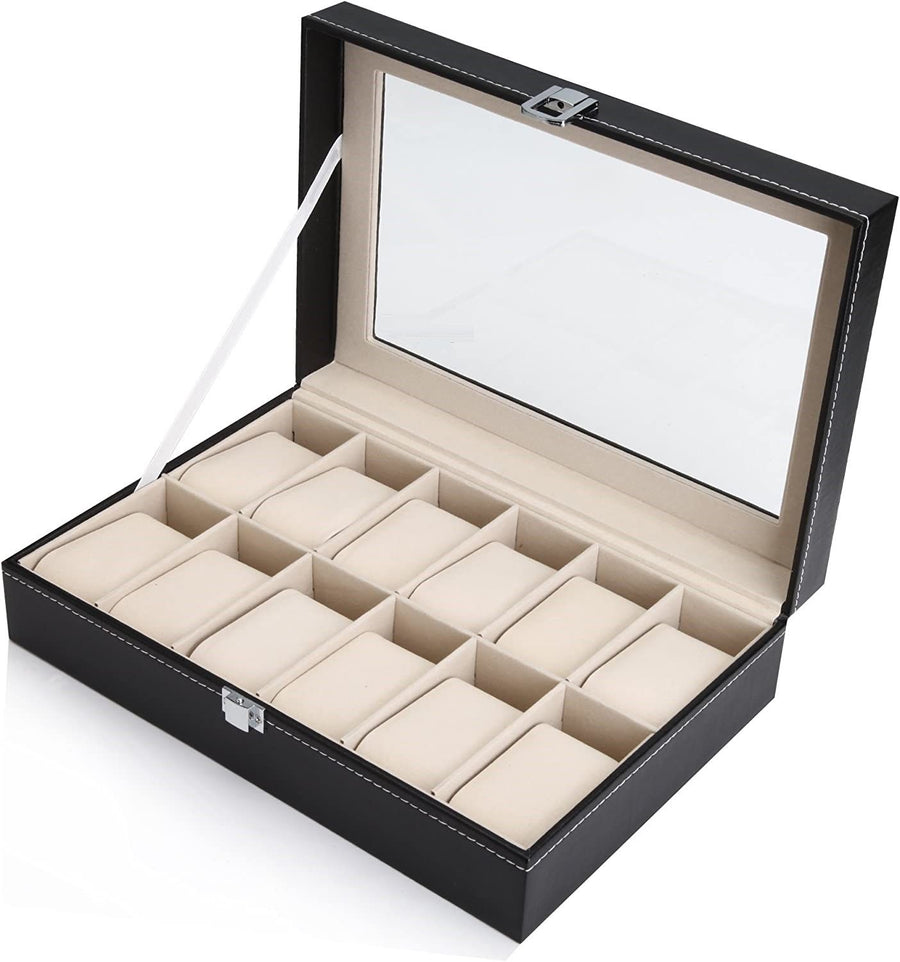 Black PU Leather Watch Organizer Display Storage Box for Men & Women, 12 Slots, Glass Lid, Velvet Lining, 33 x 20 x 8.5 cm - SuperSaverAU - view 1