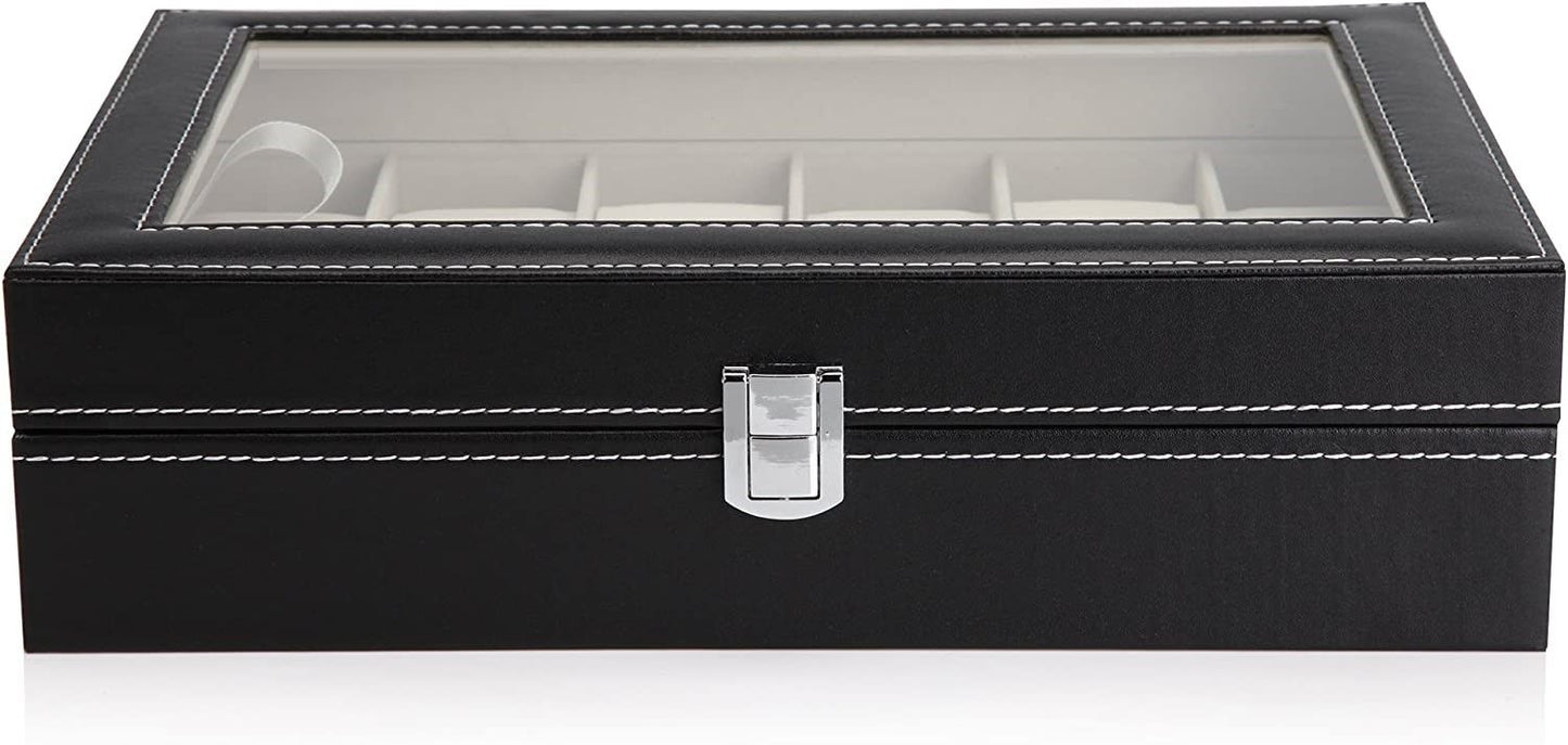 Black PU Leather Watch Organizer Display Storage Box for Men & Women, 12 Slots, Glass Lid, Velvet Lining, 33 x 20 x 8.5 cm