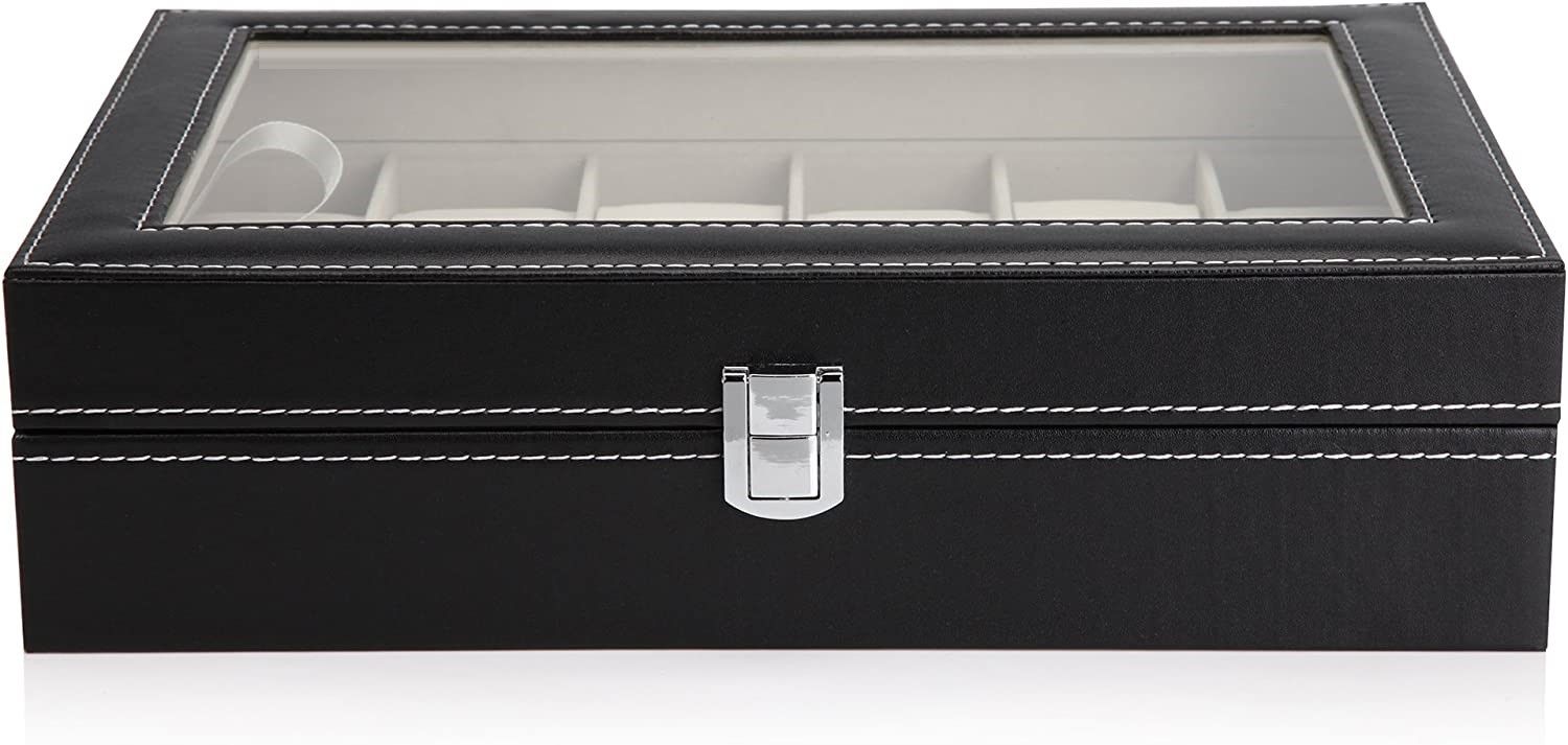 Black PU Leather Watch Organizer Display Storage Box for Men & Women, 12 Slots, Glass Lid, Velvet Lining, 33 x 20 x 8.5 cm - SuperSaverAU - view 2