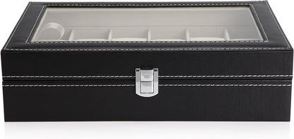 Black PU Leather Watch Organizer Display Storage Box for Men & Women, 12 Slots, Glass Lid, Velvet Lining, 33 x 20 x 8.5 cm