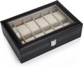 Black PU Leather Watch Organizer Display Storage Box for Men & Women, 12 Slots, Glass Lid, Velvet Lining, 33 x 20 x 8.5 cm - SuperSaverAU - view 3