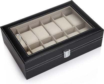 Black PU Leather Watch Organizer Display Storage Box for Men & Women, 12 Slots, Glass Lid, Velvet Lining, 33 x 20 x 8.5 cm