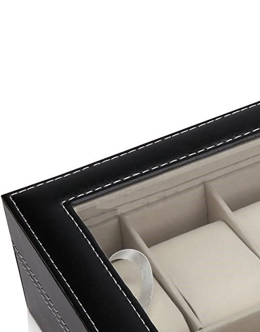 Black PU Leather Watch Organizer Display Storage Box for Men & Women, 12 Slots, Glass Lid, Velvet Lining, 33 x 20 x 8.5 cm - SuperSaverAU - view 4