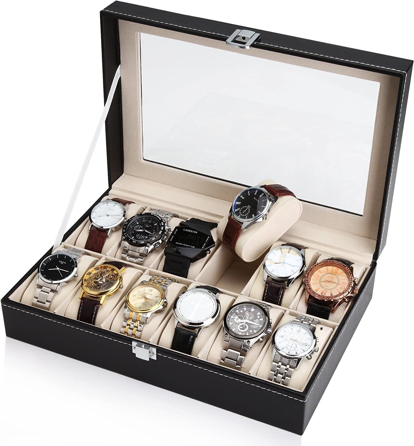 Black PU Leather Watch Organizer Display Storage Box for Men & Women, 12 Slots, Glass Lid, Velvet Lining, 33 x 20 x 8.5 cm