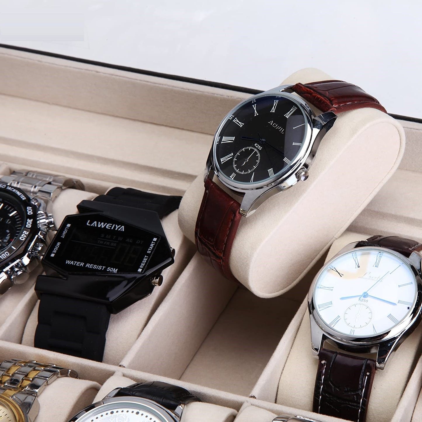 Black PU Leather Watch Organizer Display Storage Box for Men & Women, 12 Slots, Glass Lid, Velvet Lining, 33 x 20 x 8.5 cm