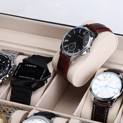 Black PU Leather Watch Organizer Display Storage Box for Men & Women, 12 Slots, Glass Lid, Velvet Lining, 33 x 20 x 8.5 cm