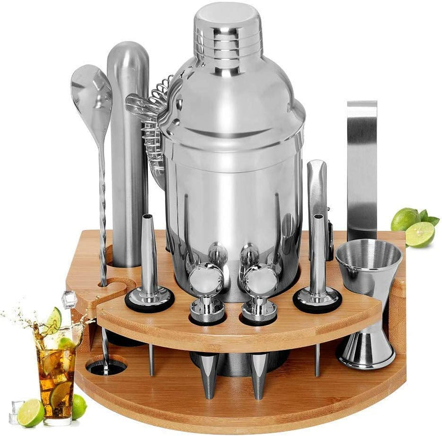 Premium 12 Piece Stainless Steel Cocktail Shaker Bartender Kit with Bamboo Stand