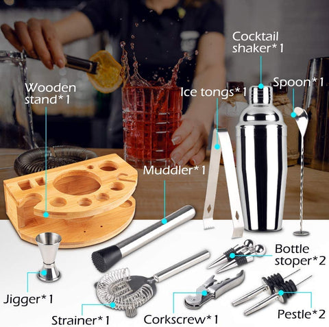 Premium 12 Piece Stainless Steel Cocktail Shaker Bartender Kit with Bamboo Stand