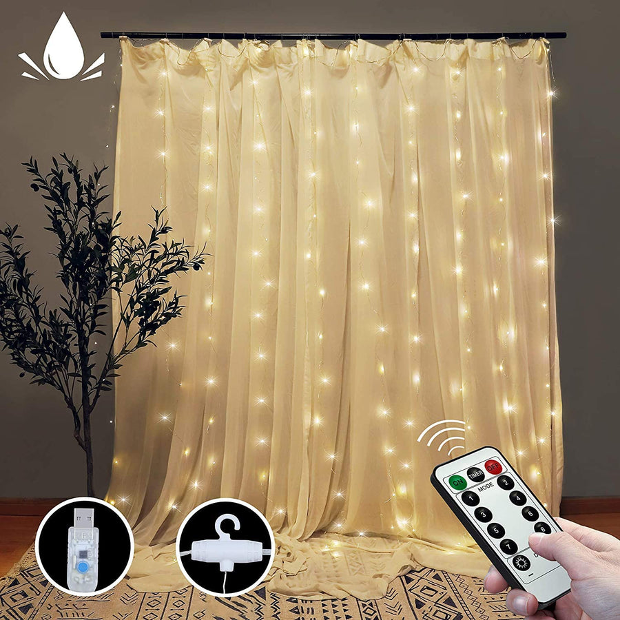 300 LEDs Window Curtain Fairy Lights with Remote Control, 8 Modes, 300 x 300cm - SuperSaverAU - view 1