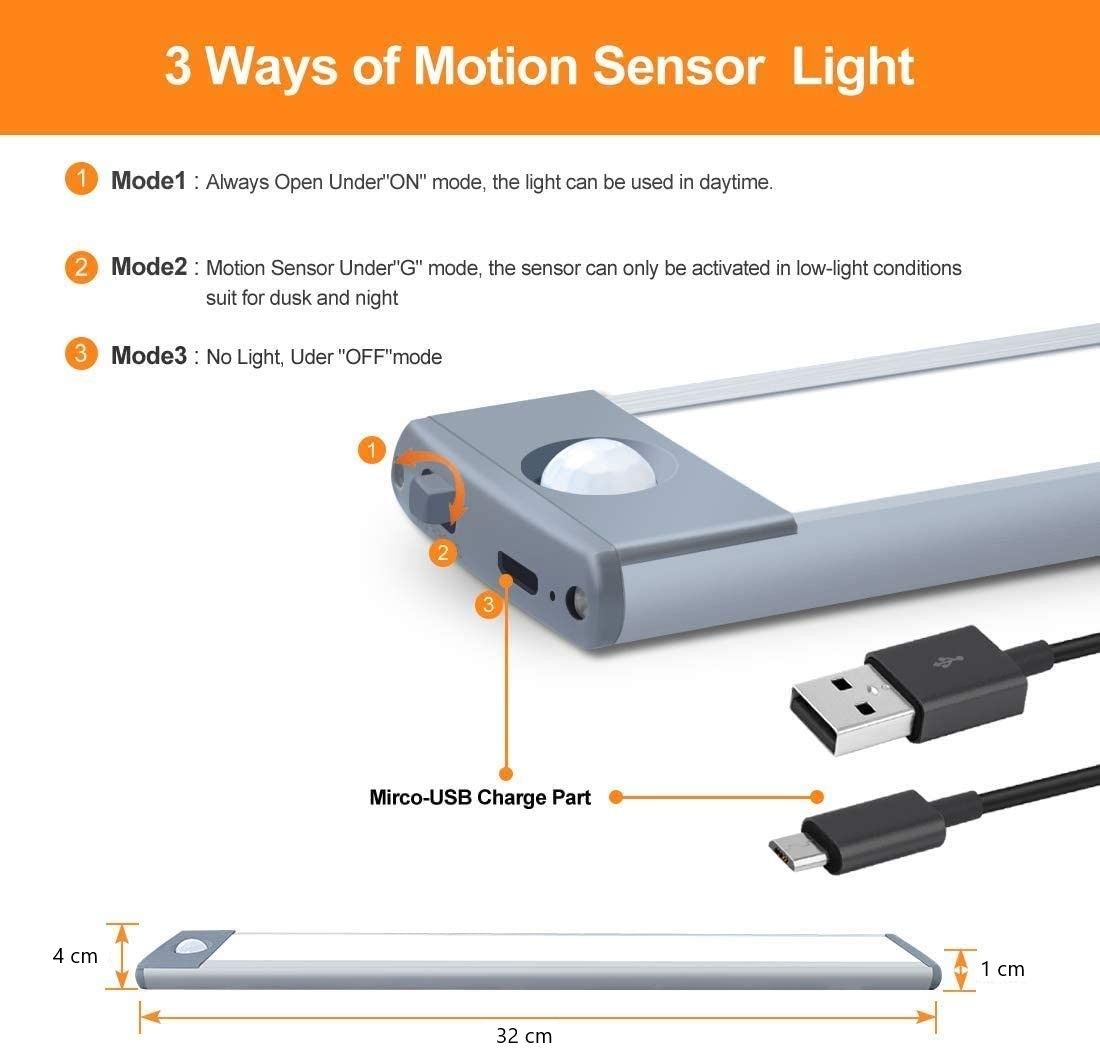 Premium Rechargeable 54 LED Under Cabinet Light with Motion Sensor - Silver, Yellow Light