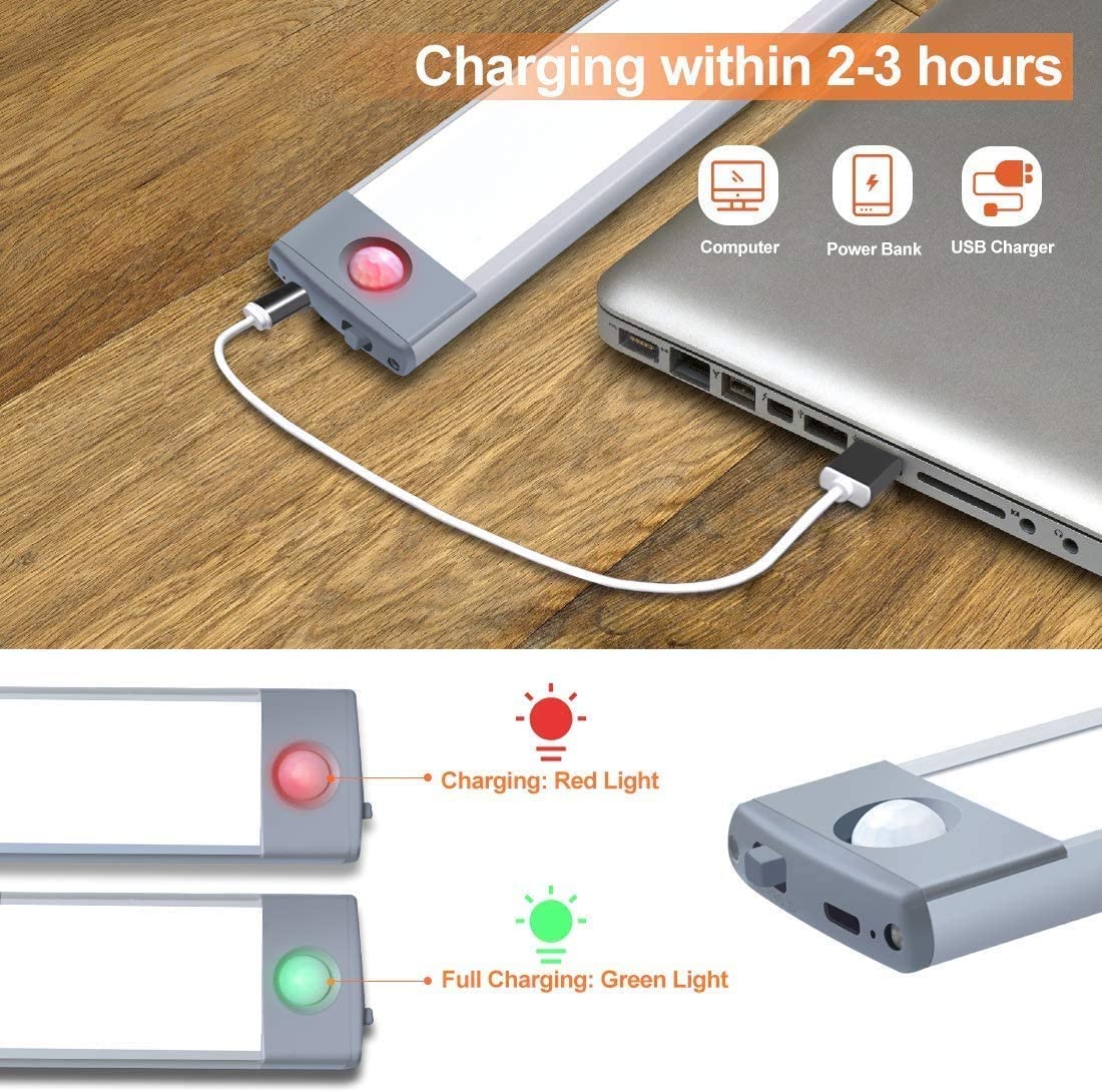 Premium Rechargeable 54 LED Under Cabinet Light with Motion Sensor - Silver, Yellow Light