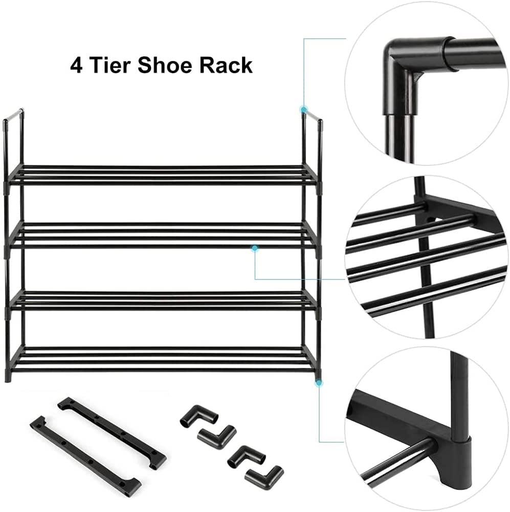 Premium Black 4 Tier Stainless Steel Shoe Rack Holds 16 to 20 Pairs 80cm