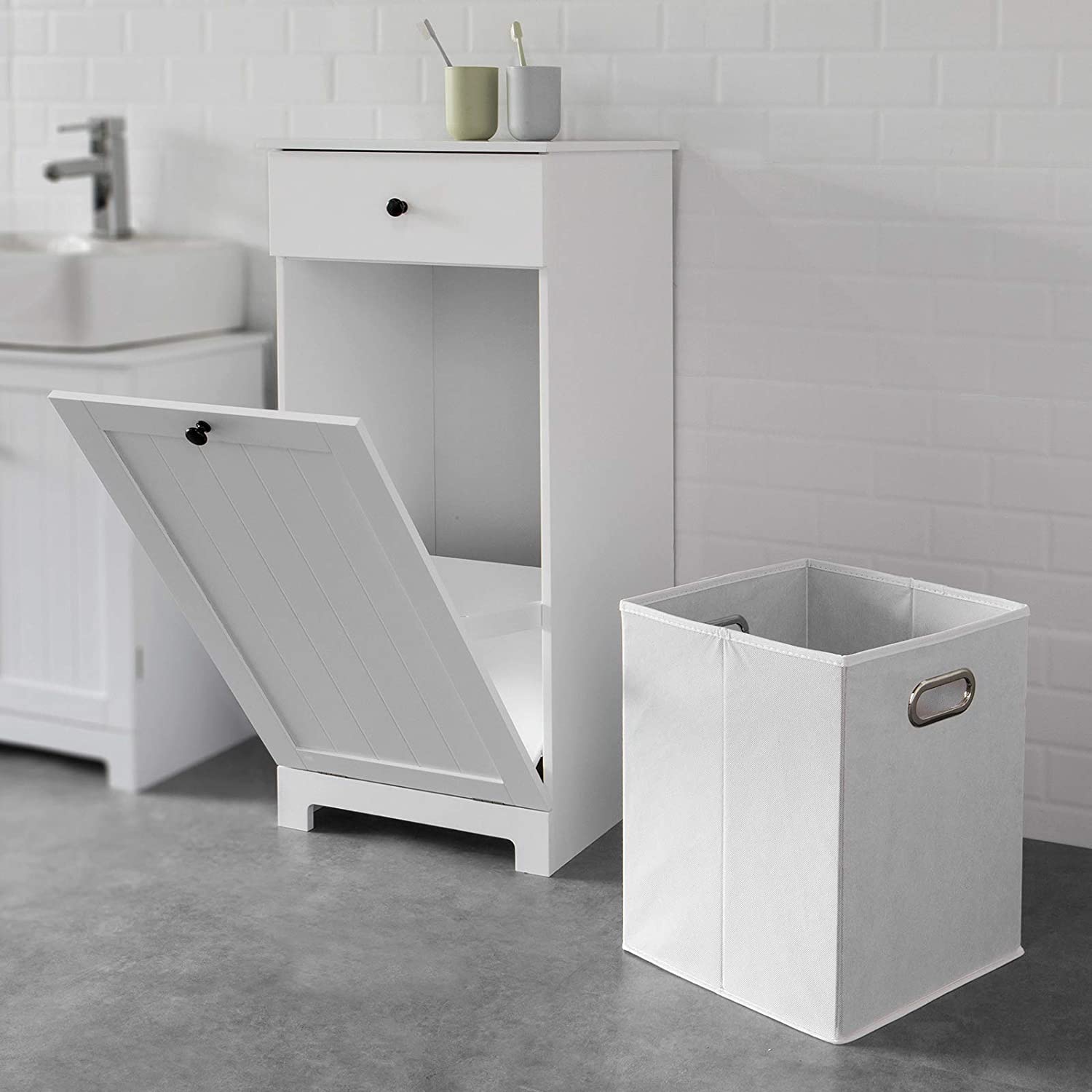 White Bathroom Cabinet with Laundry Basket and Drawer, 40 x 38 x 90 cm - SuperSaverAU - view 2
