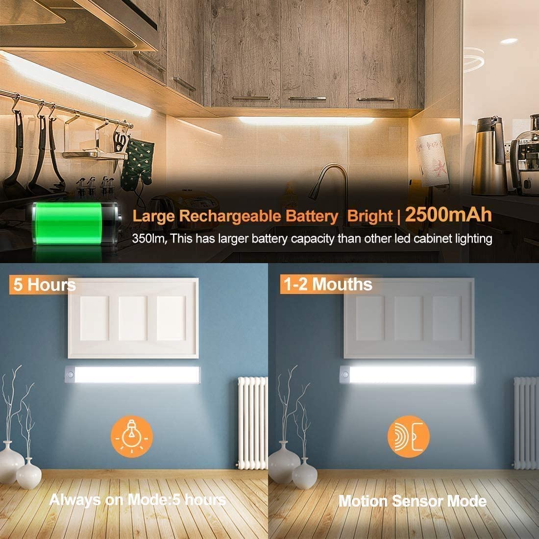 54 LED Rechargeable Under Cabinet Night Light, Motion Sensor, 40x4x2 cm, Silver/White - SuperSaverAU - view 2