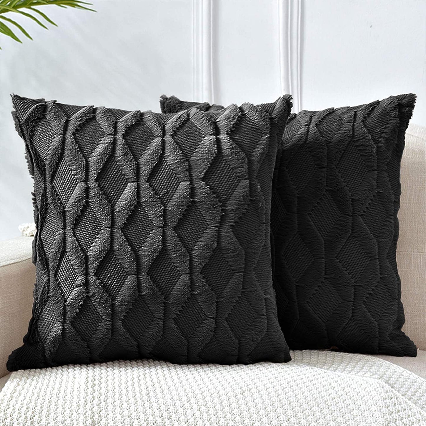 Boho Throw Pillow Covers 2 Pack 45 x 45 cm Black Soft Faux Fur Decorative