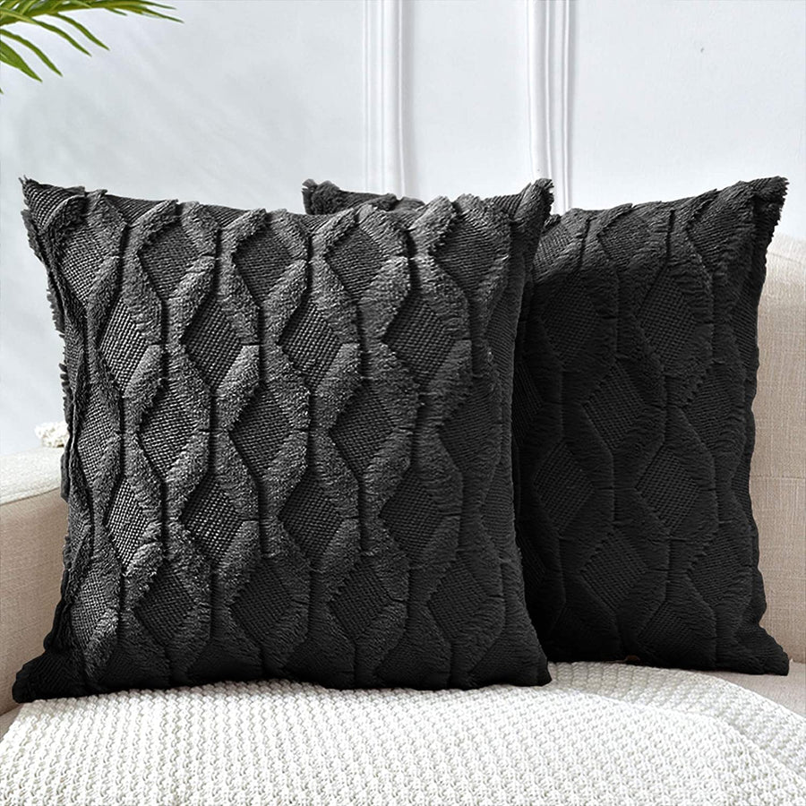 Boho Throw Pillow Covers 2 Pack 45 x 45 cm Black Soft Faux Fur Decorative - SuperSaverAU - view 1
