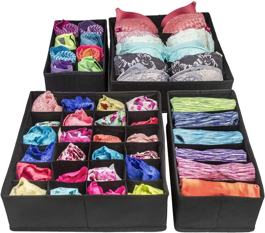 4 Pack Foldable Drawer Dividers Storage Boxes - 34x10x15 cm, Black, Collapsible Organizers - SuperSaverAU - view 1