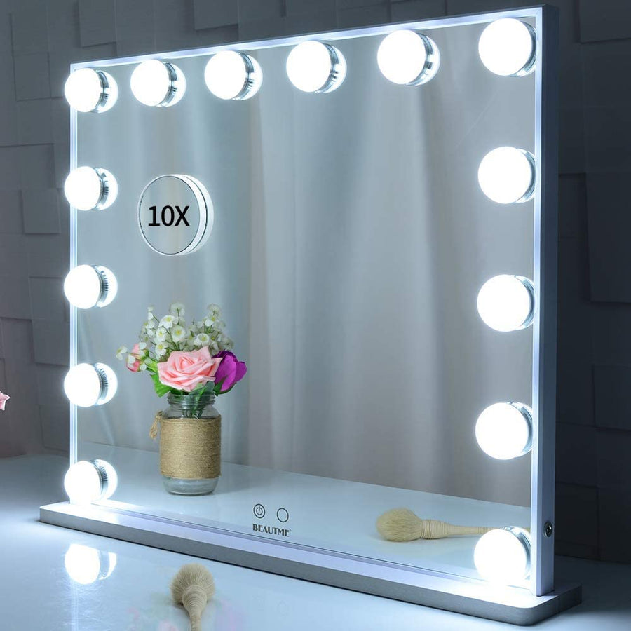 Premium White Hollywood Vanity Mirror 62x51cm with 14 LED Bulbs and 10X Mirror