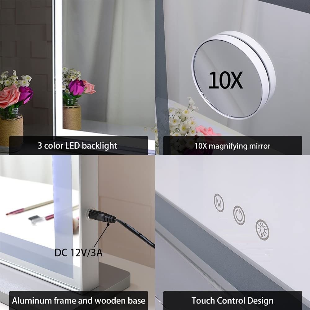 Premium Hollywood LED Makeup Mirror 72x56cm with 10X Magnifier and 3 Dimmable Colours