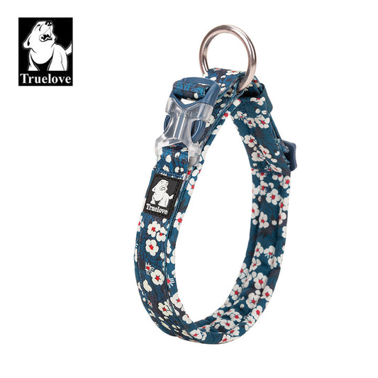Floral Dog Collar Blue S - Padded, Comfortable, Durable Snap Buckle