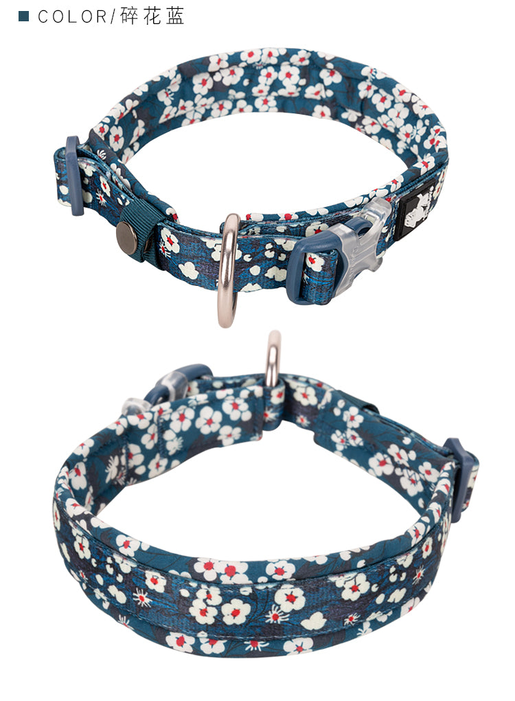Floral Dog Collar Blue 3XL - Padded, Comfortable, Durable Snap Buckle
