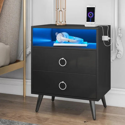Amelia Modern Black LED Bedside Table with USB and Power Socket