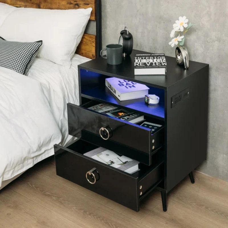 Amelia Modern Black LED Bedside Table with USB and Power Socket