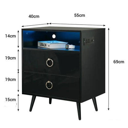 Amelia Modern Black LED Bedside Table with USB and Power Socket