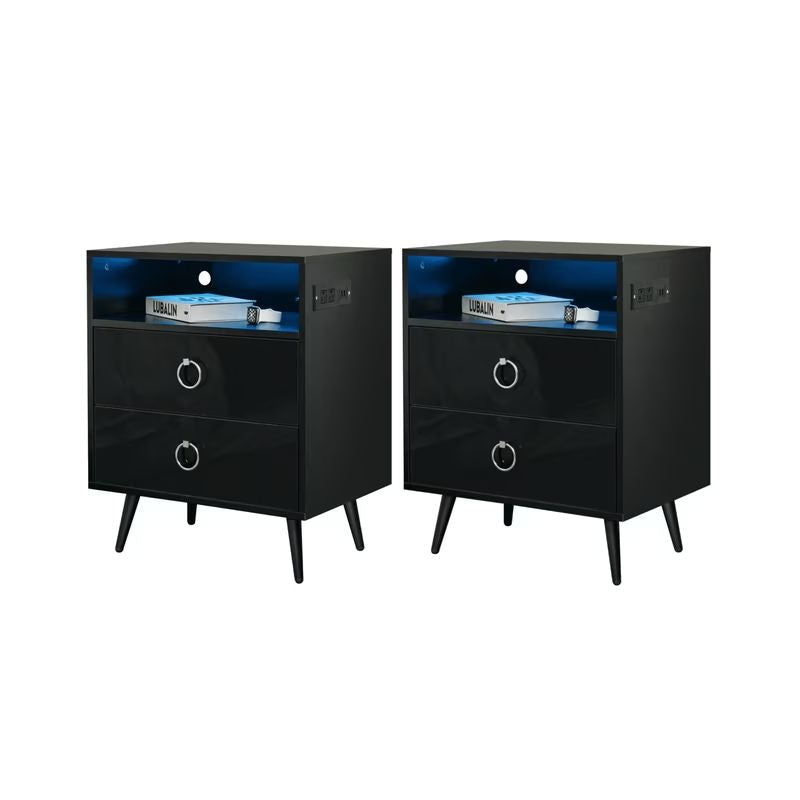 Amelia Modern Black Bedside Table with USB - Set of 2