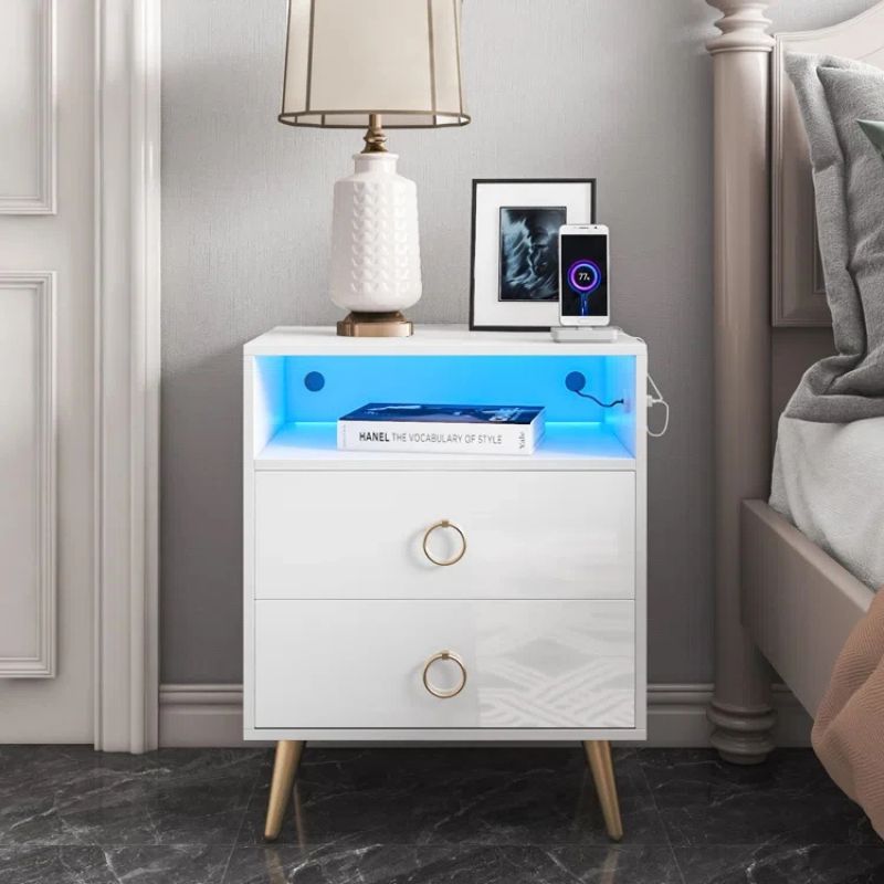 Amelia Modern White LED Bedside Table with USB and Power Socket
