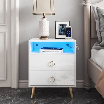 Amelia Modern White LED Bedside Table with USB and Power Socket