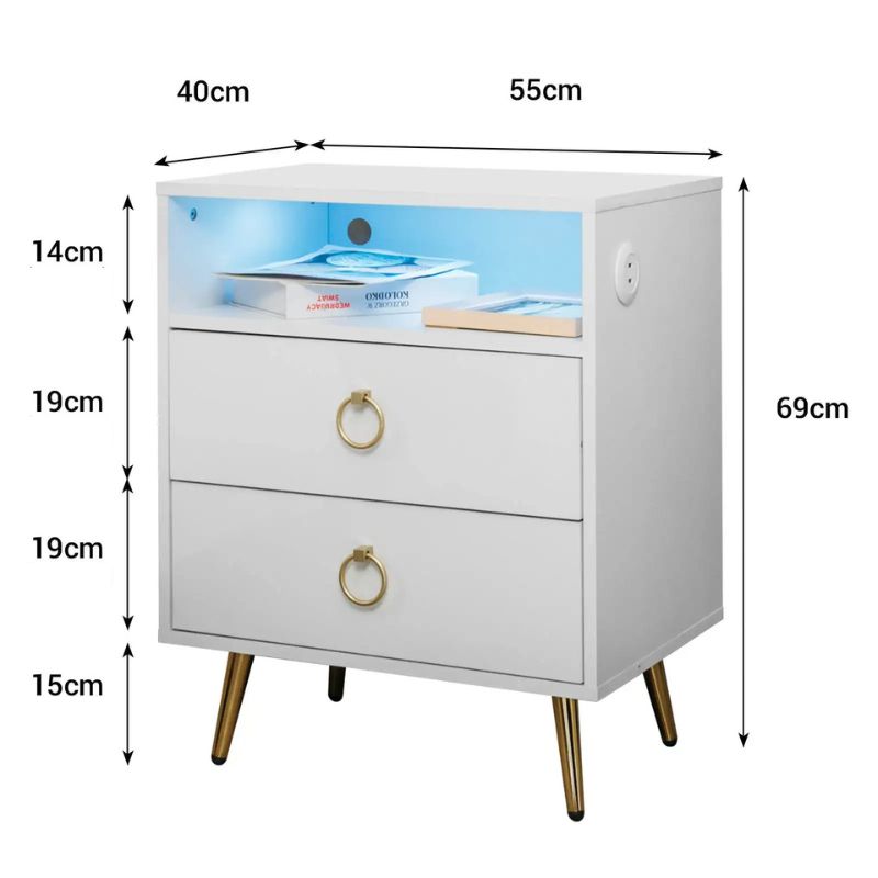 Amelia Modern White LED Bedside Table with USB and Power Socket