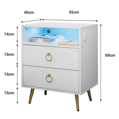 Amelia Modern White LED Bedside Table with USB and Power Socket