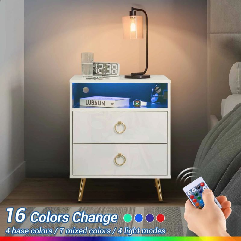 Amelia Modern White LED Bedside Table with USB and Power Socket