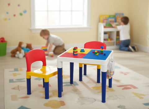 2-in-1 Building Blocks Table Set with 2 Chairs and 100 Blocks Compatible with LEGO - SuperSaverAU - view 2
