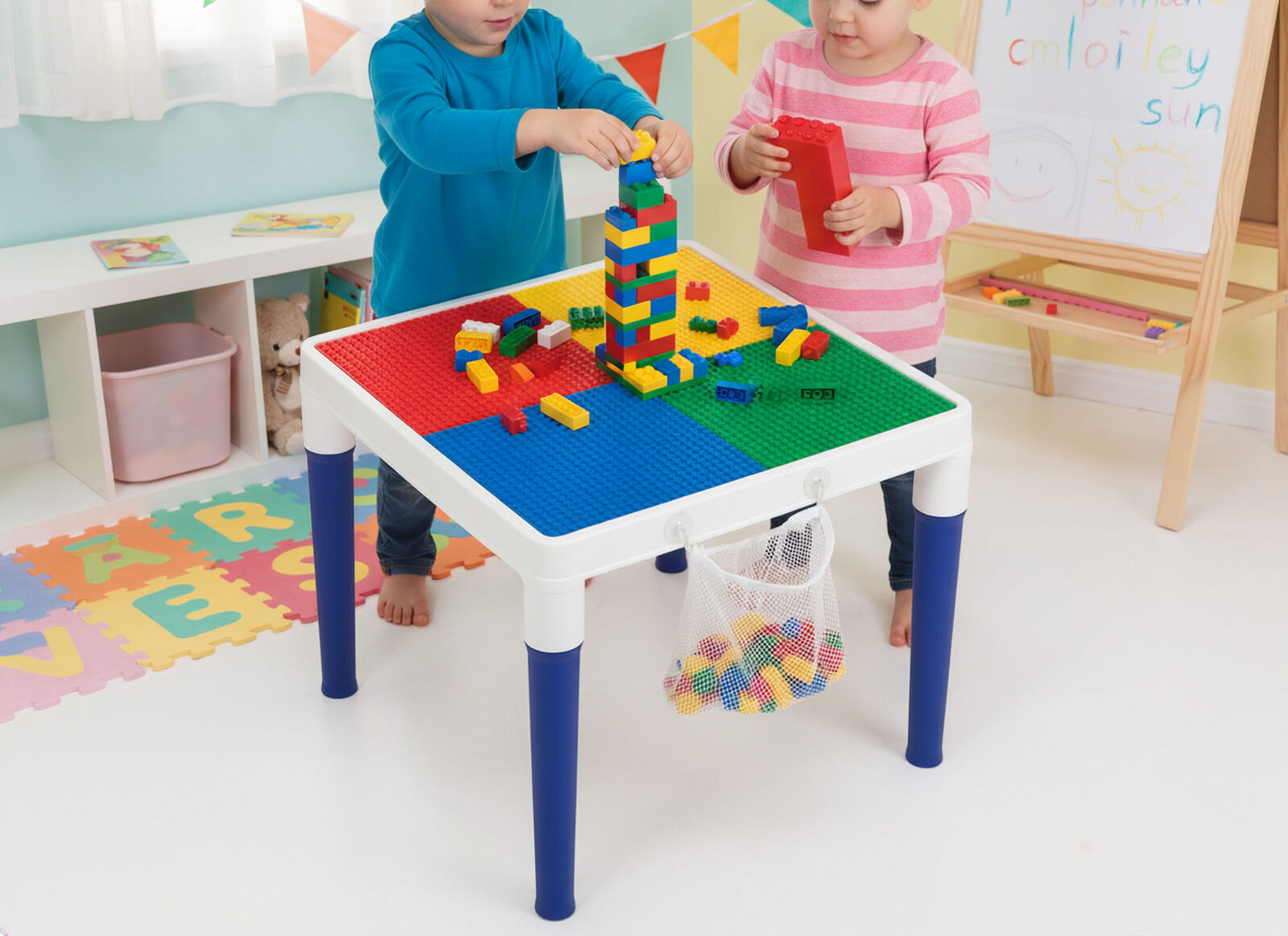 2-in-1 Building Blocks Table Set with 2 Chairs and 100 Blocks Compatible with LEGO - SuperSaverAU - view 4