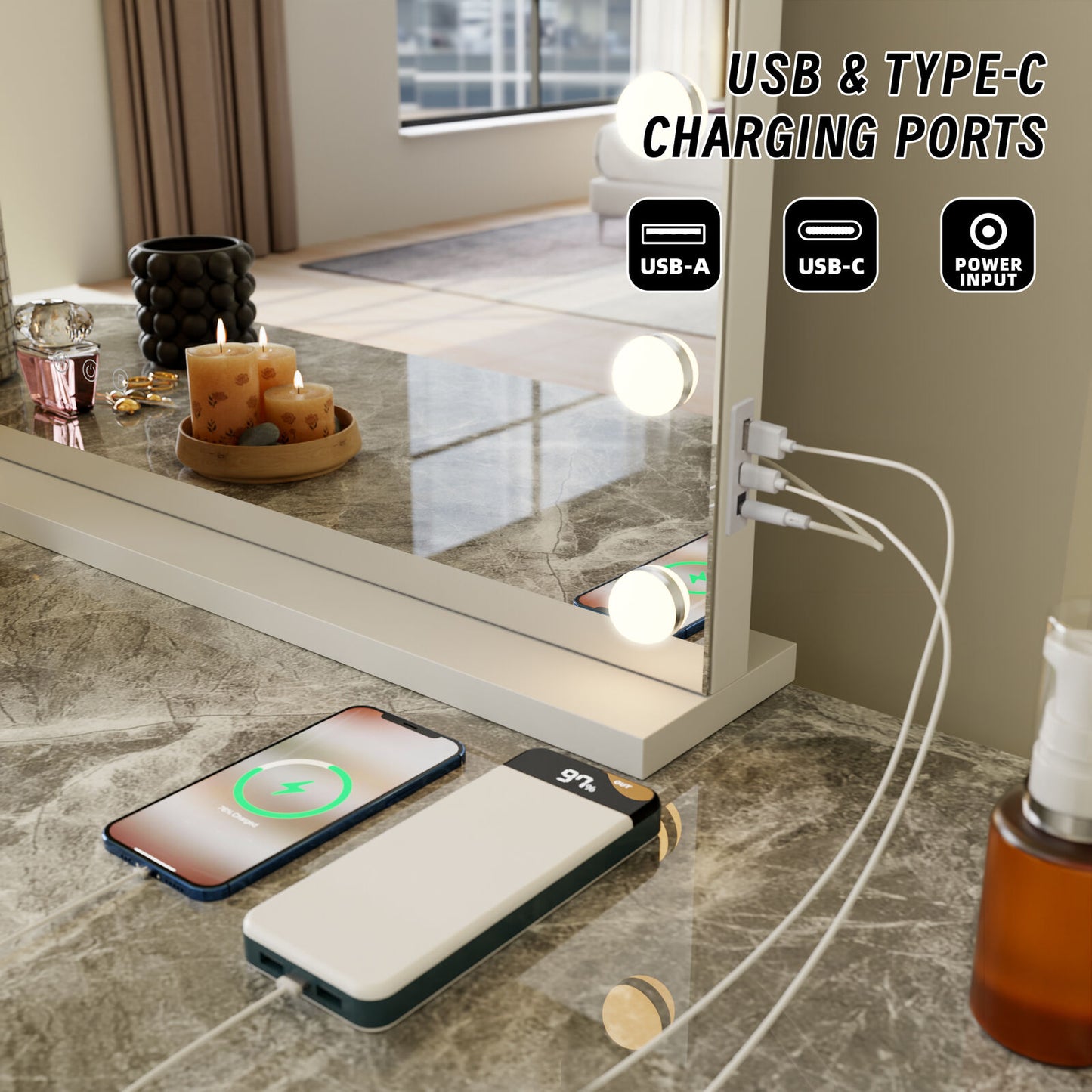 Beauty Mirror with 18 LED Bulbs - USB Ports & Colour Settings