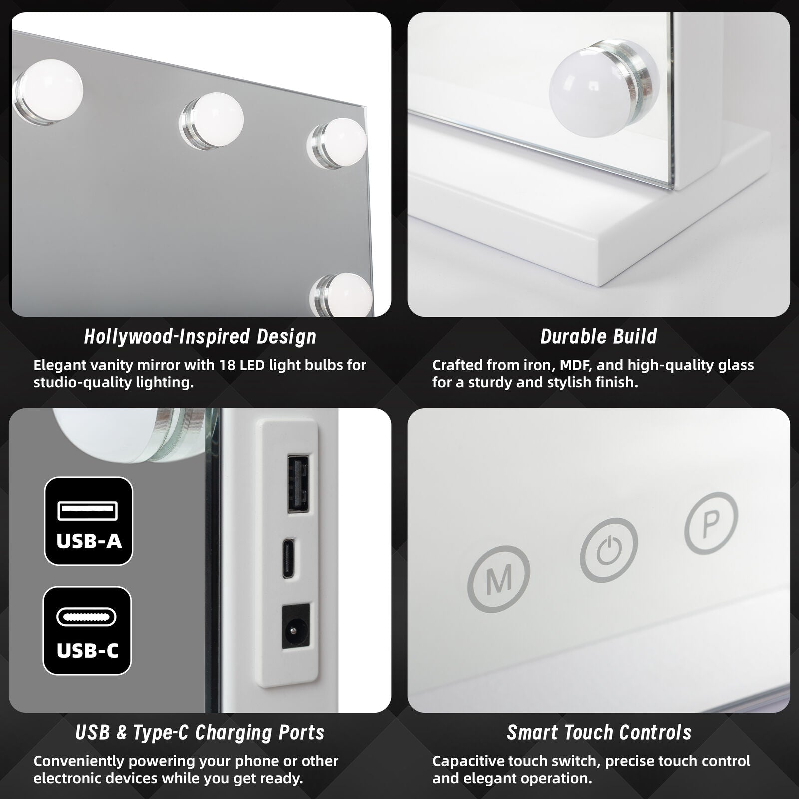 Beauty Mirror with 18 LED Bulbs - USB Ports & Colour Settings - SuperSaverAU - view 7