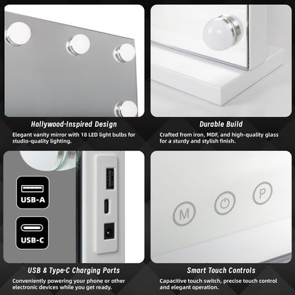 Beauty Mirror with 18 LED Bulbs - USB Ports & Colour Settings