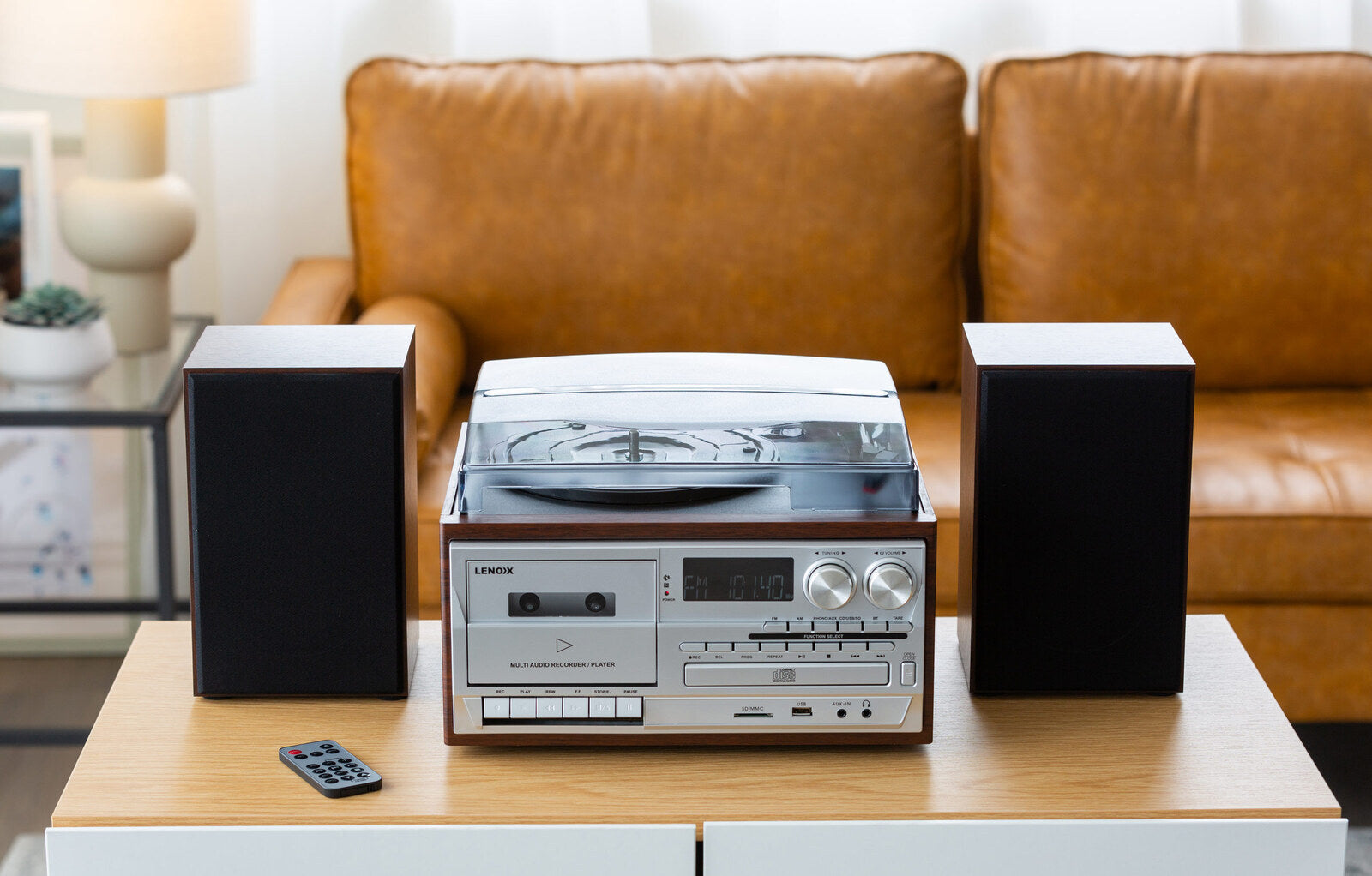 Premium Brown Audio Home Entertainment System with Turntable and Wireless Streaming