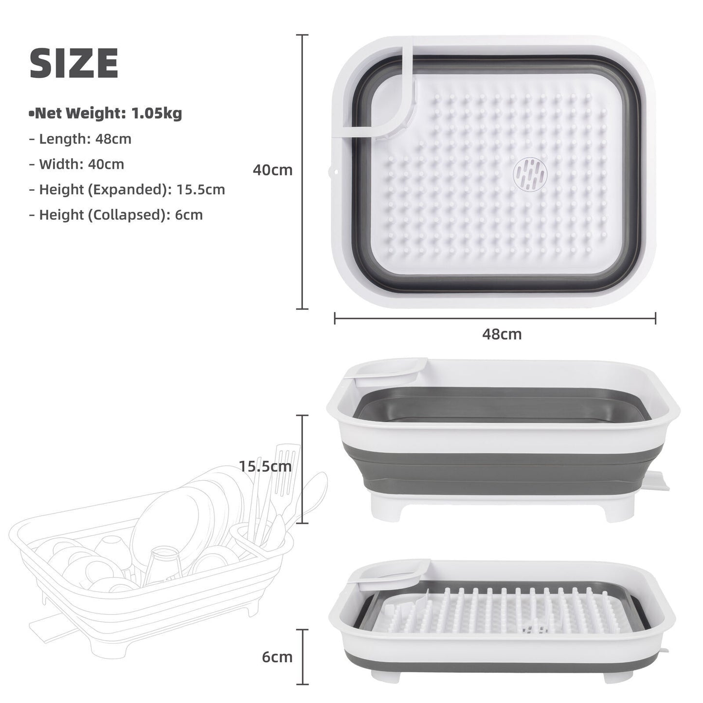 Collapsible Dish Rack 48x40x15.5cm with Utensil Section for Compact Kitchens & Camping
