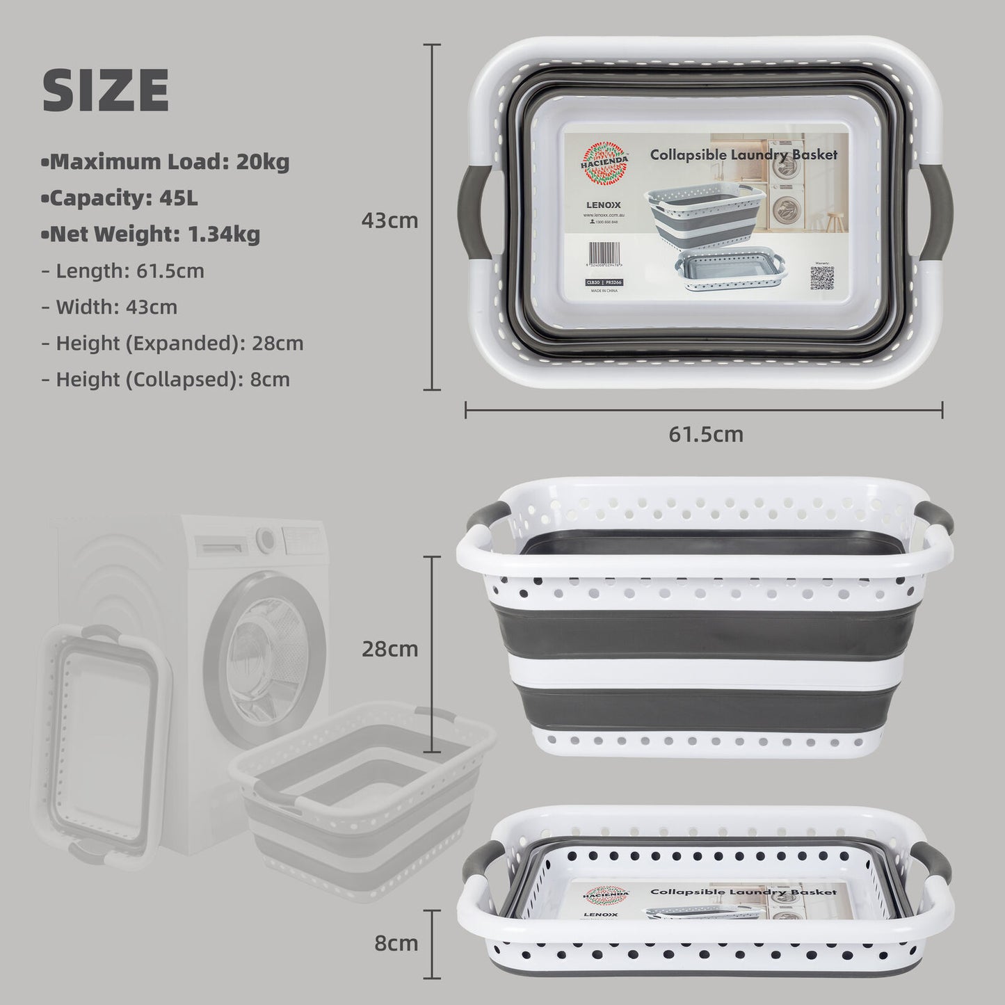 Collapsible Laundry Basket 45L - Space-Saving Hamper with Built-in Handles