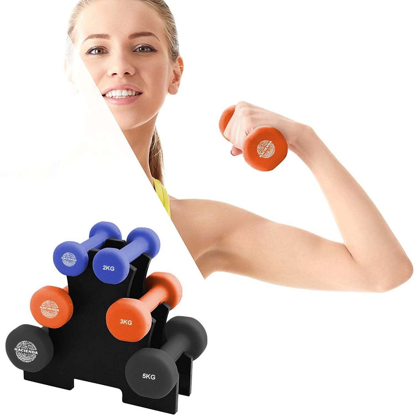 Hacienda 7-Piece 20kg Weighted Dumbbell Set with Rack - 2/3/5kg Dumbbells