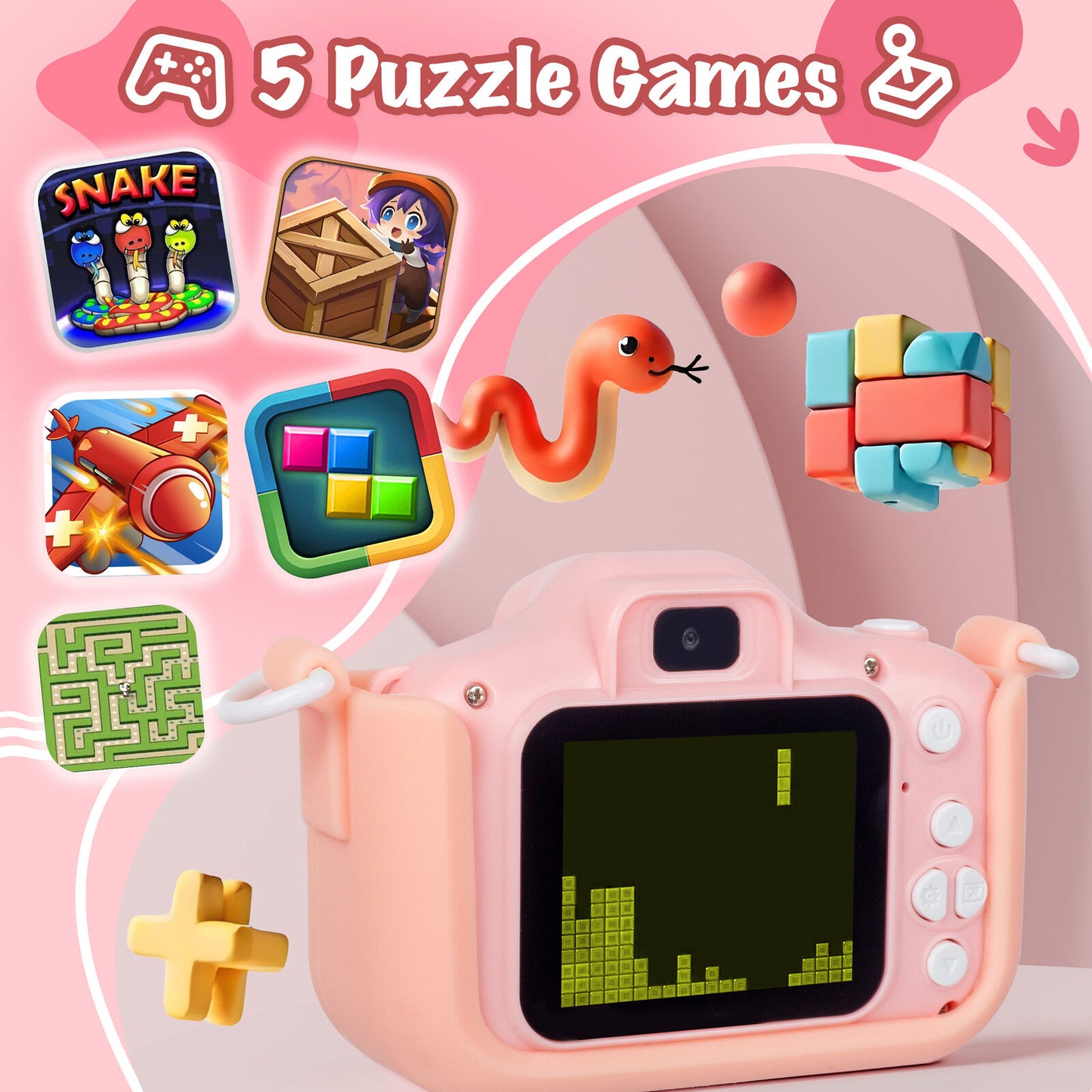 Kids Digital Dual Lens Camera, 4x Zoom and HD Video Recording (Pink)