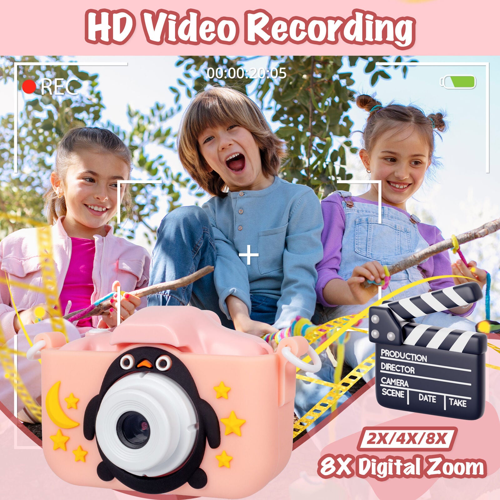 Kids Digital Dual Lens Camera, 4x Zoom and HD Video Recording (Pink) - SuperSaverAU - view 7