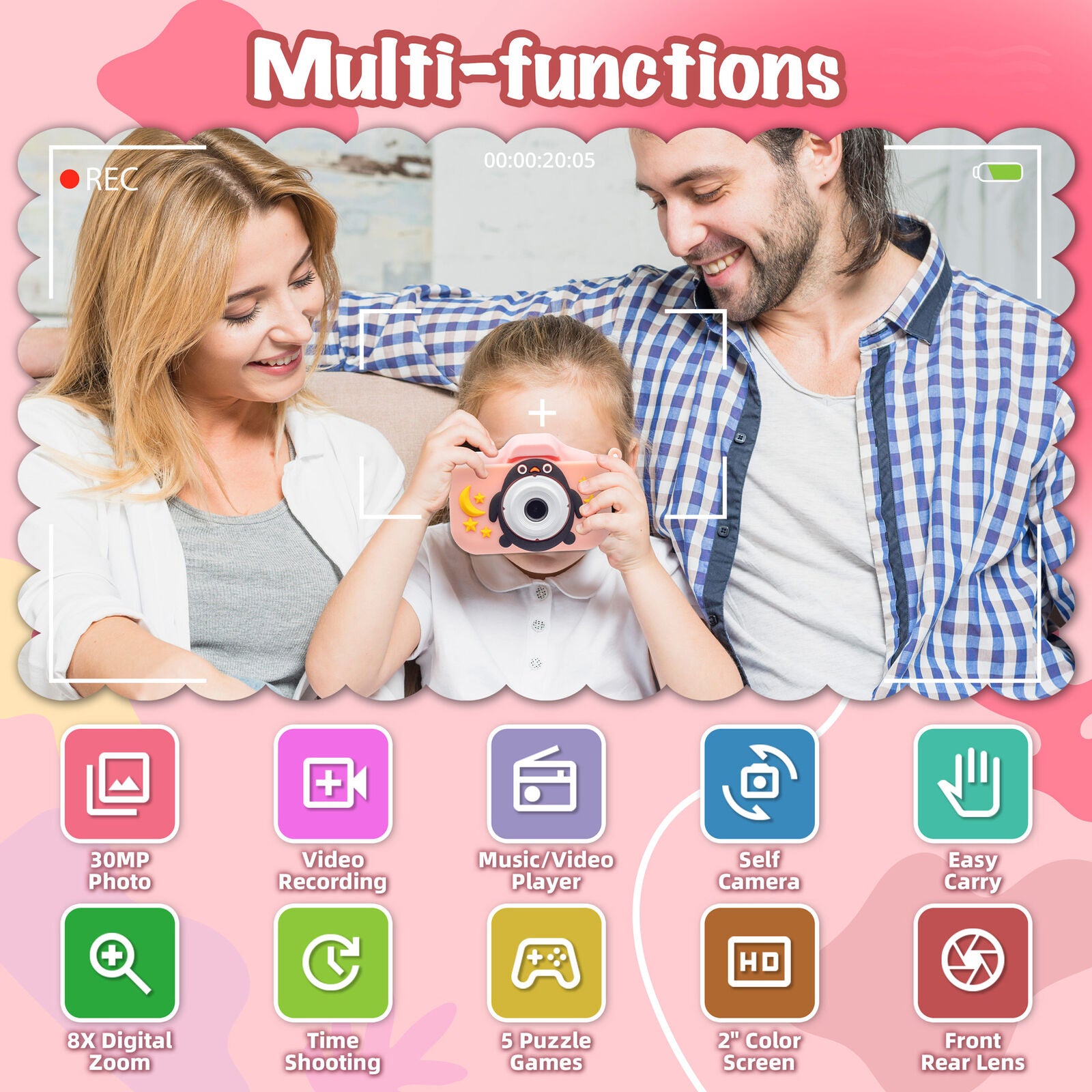 Kids Digital Dual Lens Camera, 4x Zoom and HD Video Recording (Pink) - SuperSaverAU - view 8